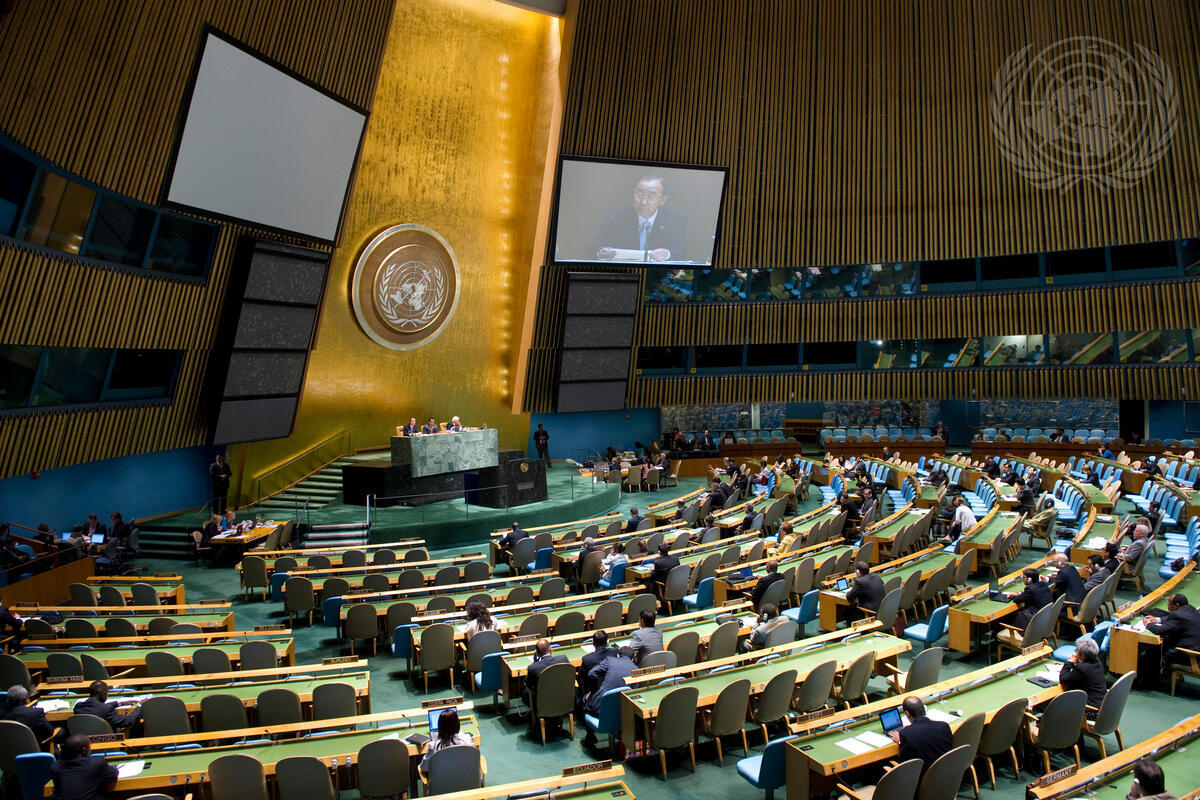 Wide view of the General Assembly Hall as Secretary-General Ban Ki-moon addresses the Assembly