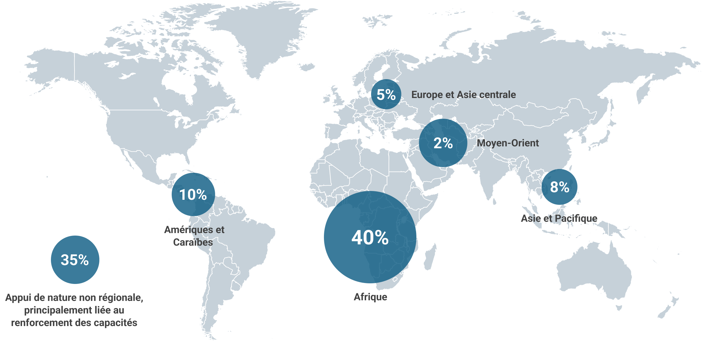 World Map of support activities in 2024.Africa:40%,Europe: 5%,Middle East: 2%,Asia&amp;Pacific:8%,Americas &amp; Caribbean:10%,Non-region specific:35%